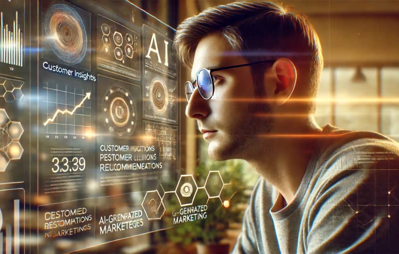Profesional de marketing analizando datos generados por inteligencia artificial en una pantalla, con un ambiente cálido y elementos digitales sutiles en el fondo