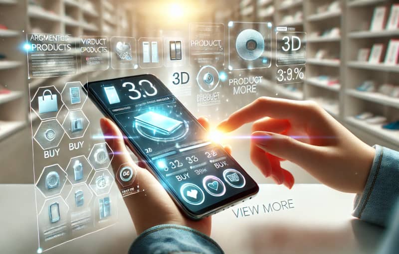 Cliente en una tienda utilizando un smartphone para ver productos virtuales superpuestos a los físicos mediante realidad aumentada, con hologramas de opciones de compra, precios y modelos 3D resaltando sobre los estantes